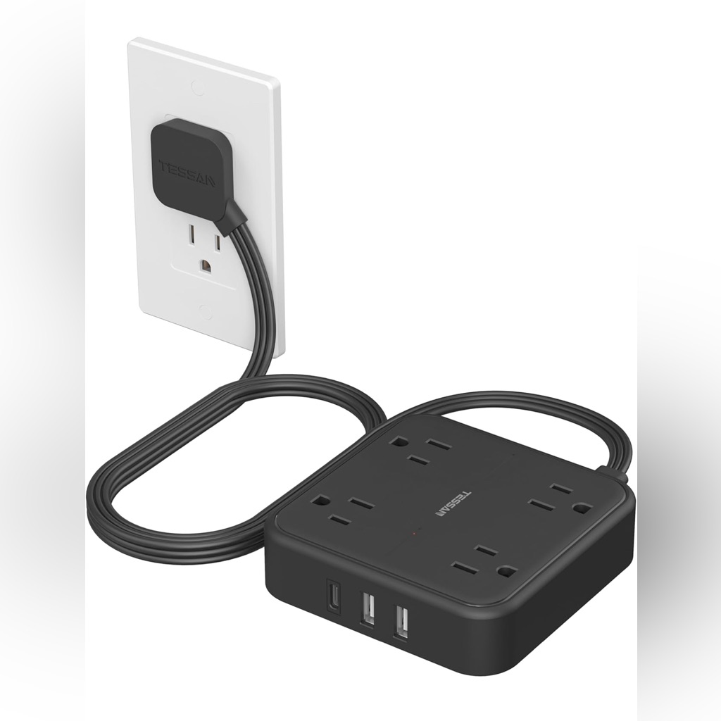 Surge Protector Flat Extension Cord 5ft Tessan Flat Plug Power Strip With 4